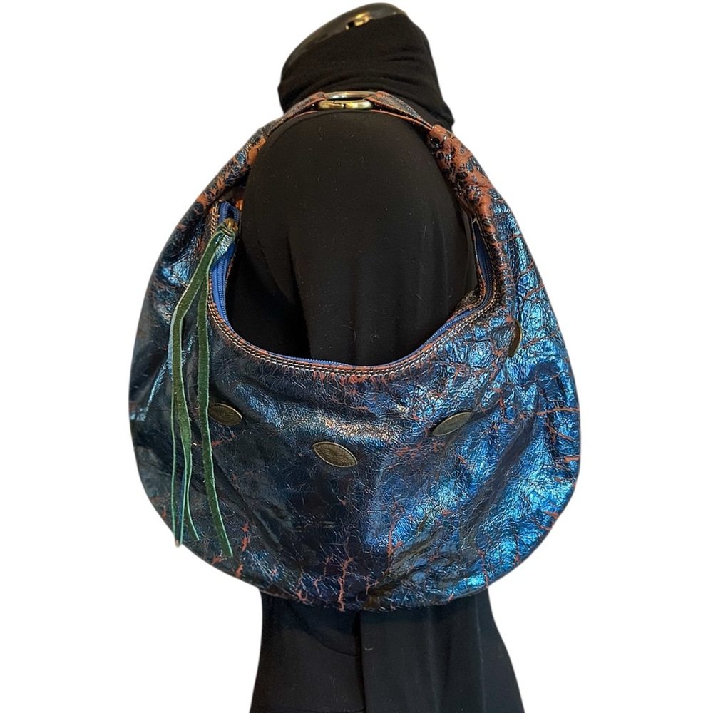 Caterina Lucchi Distressed Italian Leather Blue Metallic Shoulder Purse